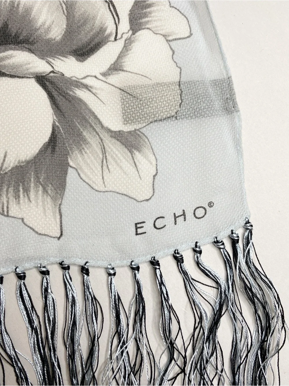 ECHO 100% Silk Light Blue Gray Floral Rose Print Long Fringe Scarf 65”X 10.75”